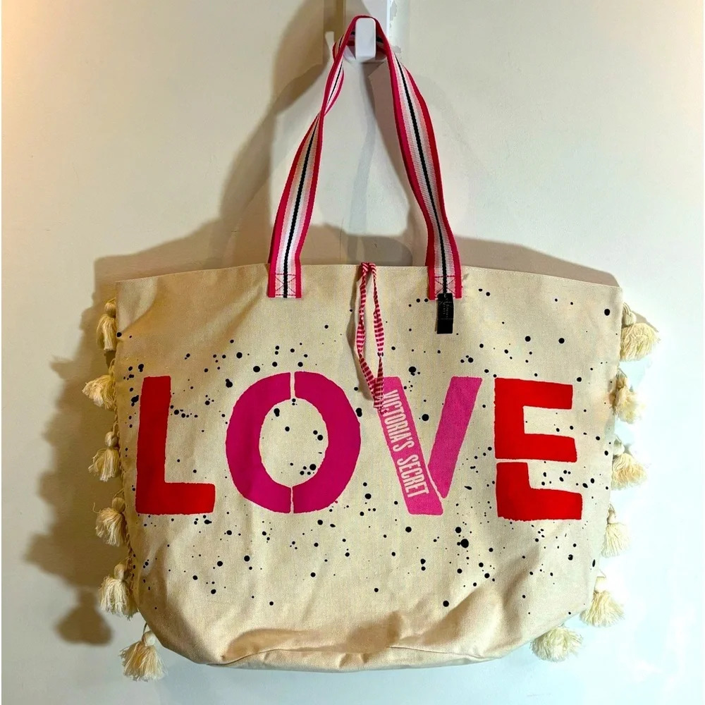 VICTORIA’S SECRET Large Canvas Tote With the Word LOVE Tie Closure NEW WITH TAG